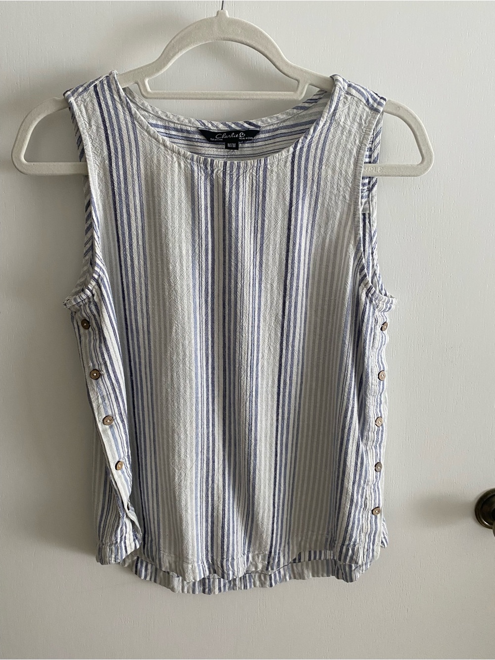 CHARLIE B Blue and White Vertical-Strip Tank with Side Buttons